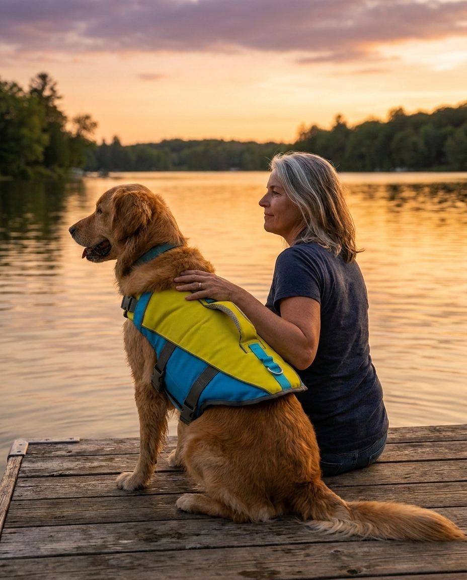 Owner and golden retriever in a PupFloaty vest watching the sunset from a lake dock