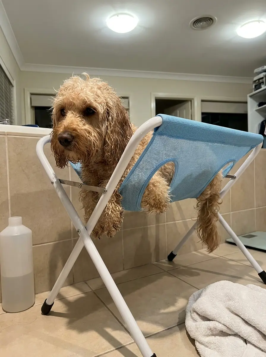 Damp cockapoo sitting calmly in a blue PupFloaty Bath Hammock on bathroom tile