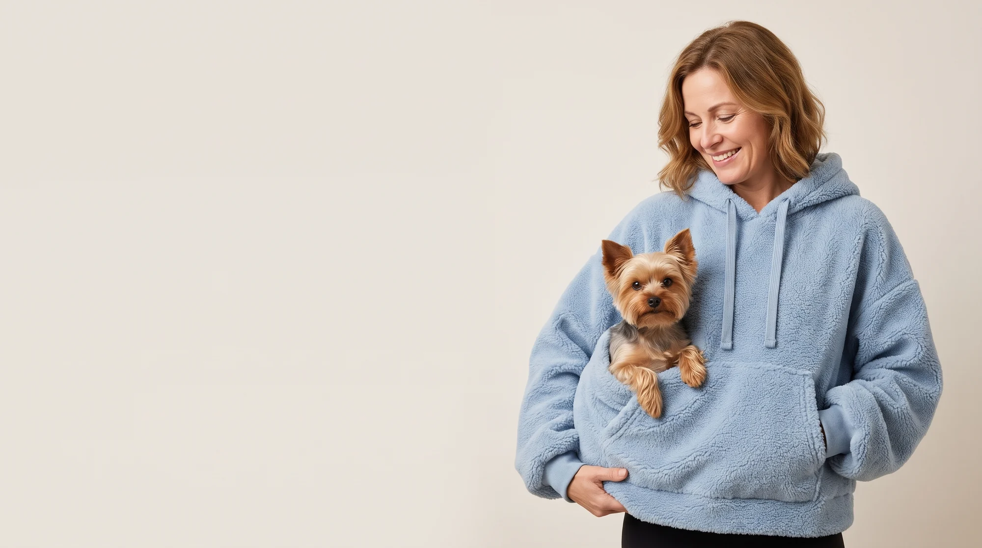 Woman wearing a light blue sherpa PupPouch Hoodie with a yorkie riding in the front pouch