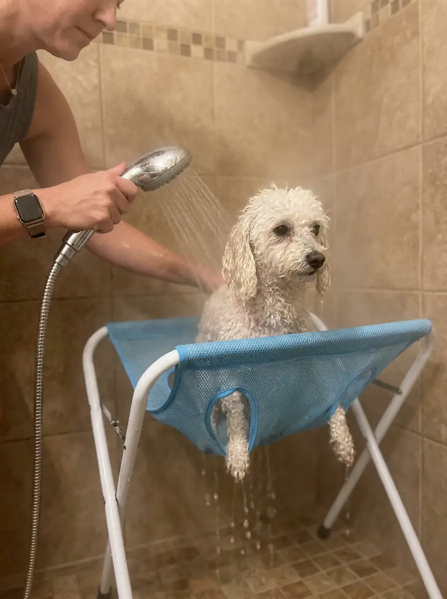 White poodle being showered while standing in a blue bath hammock