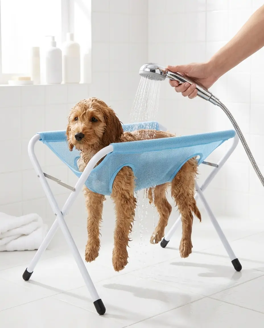 Dog being rinsed while resting on the bath hammock