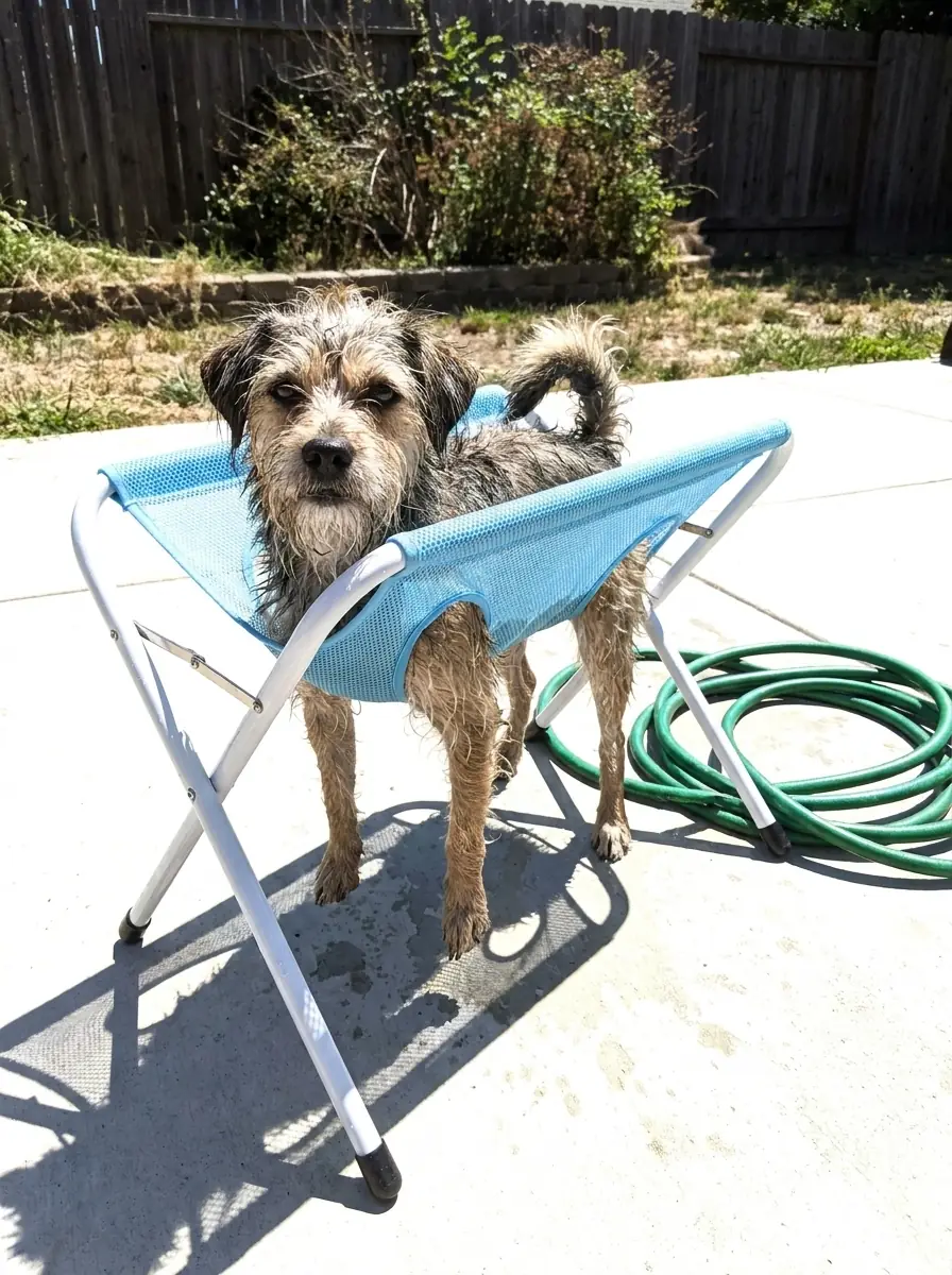 Terrier standing in a blue bath hammock on a sunny patio
