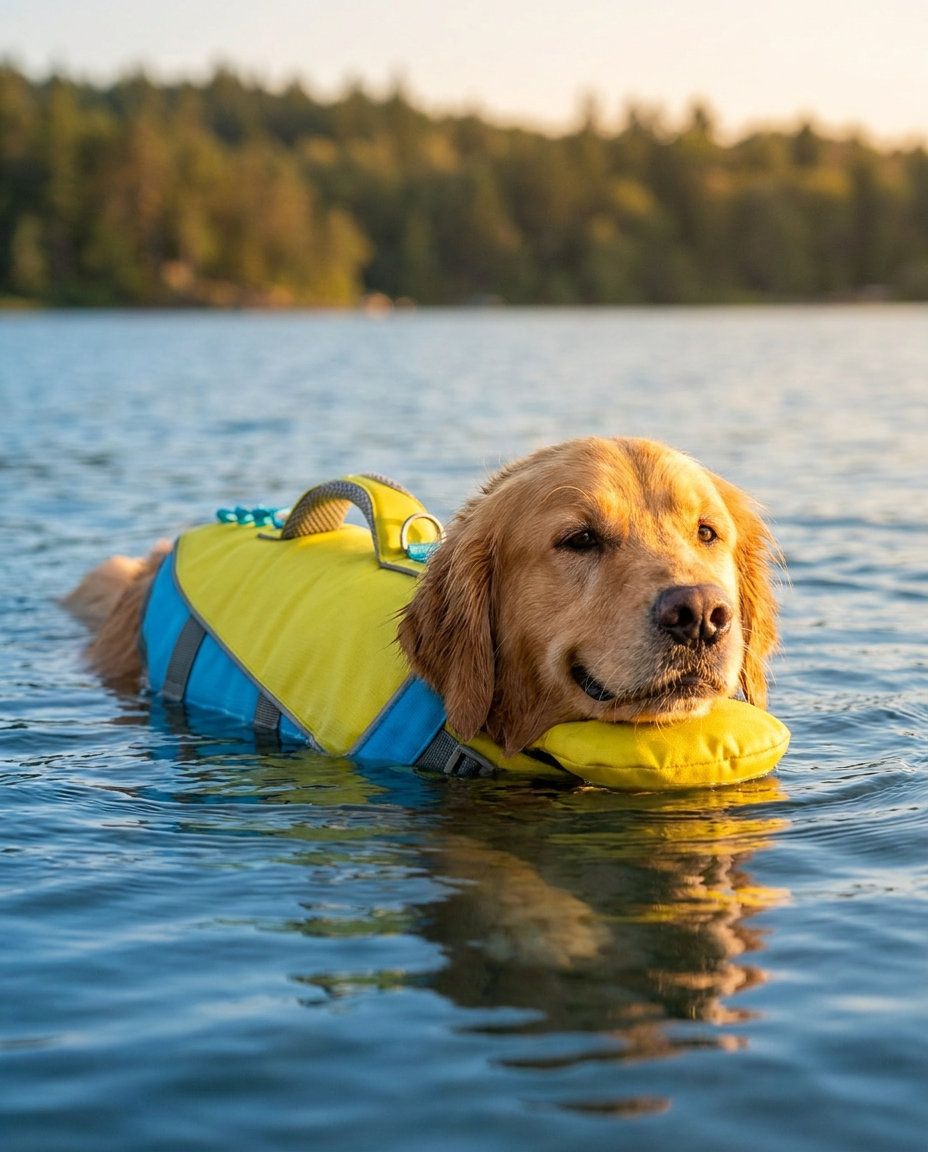 Golden retriever floating calmly in a lake with chin resting on a blue PupFloaty life vest