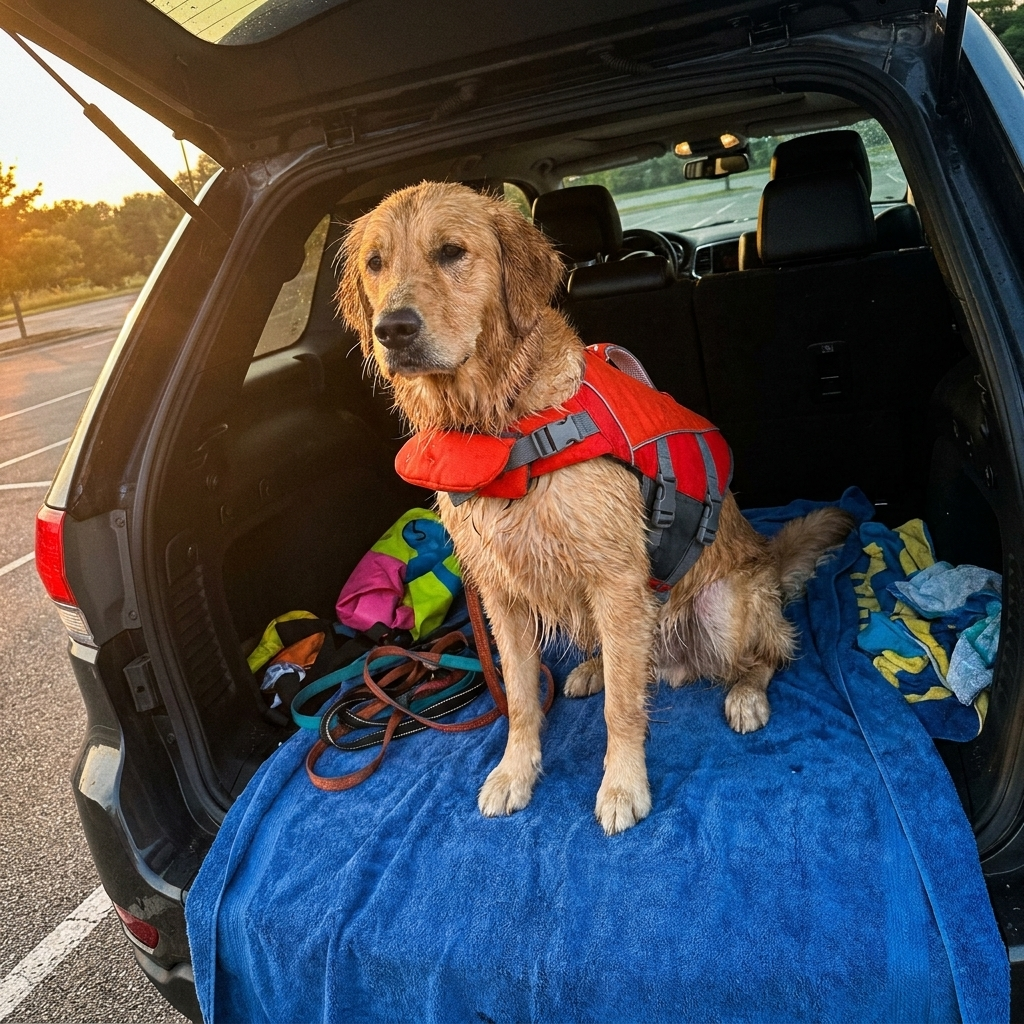 Damp golden retriever in an SUV trunk after a swim