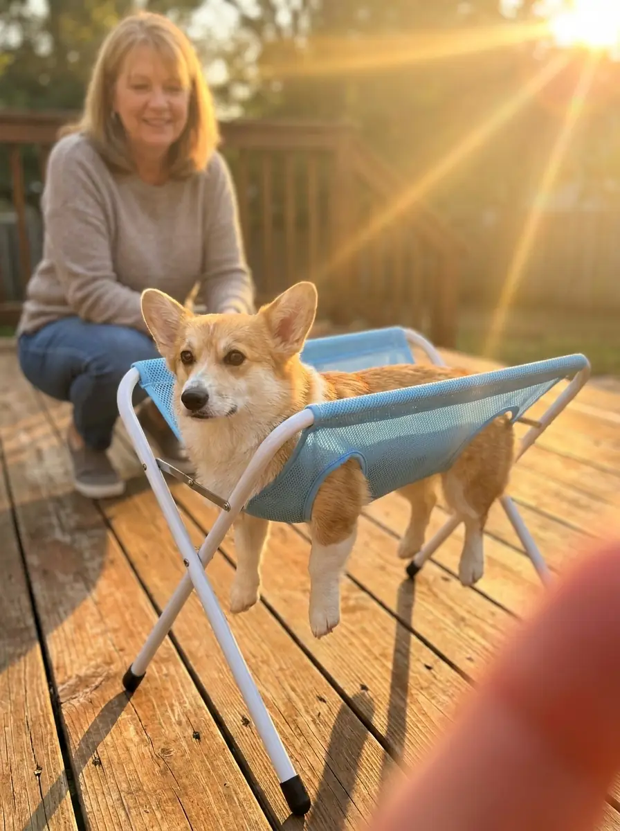 Corgi standing in a blue bath hammock on a wooden deck at golden hour