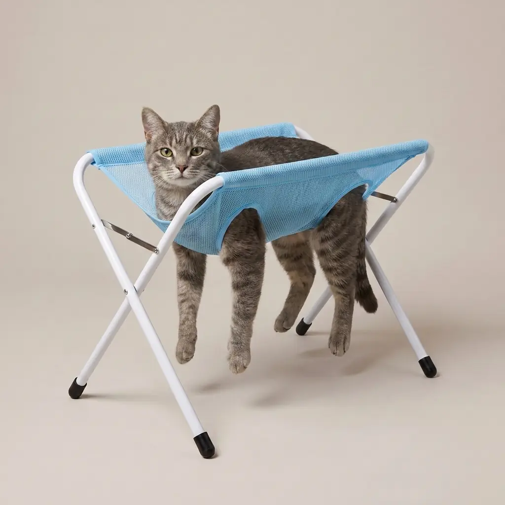 Cat resting calmly on the bath hammock