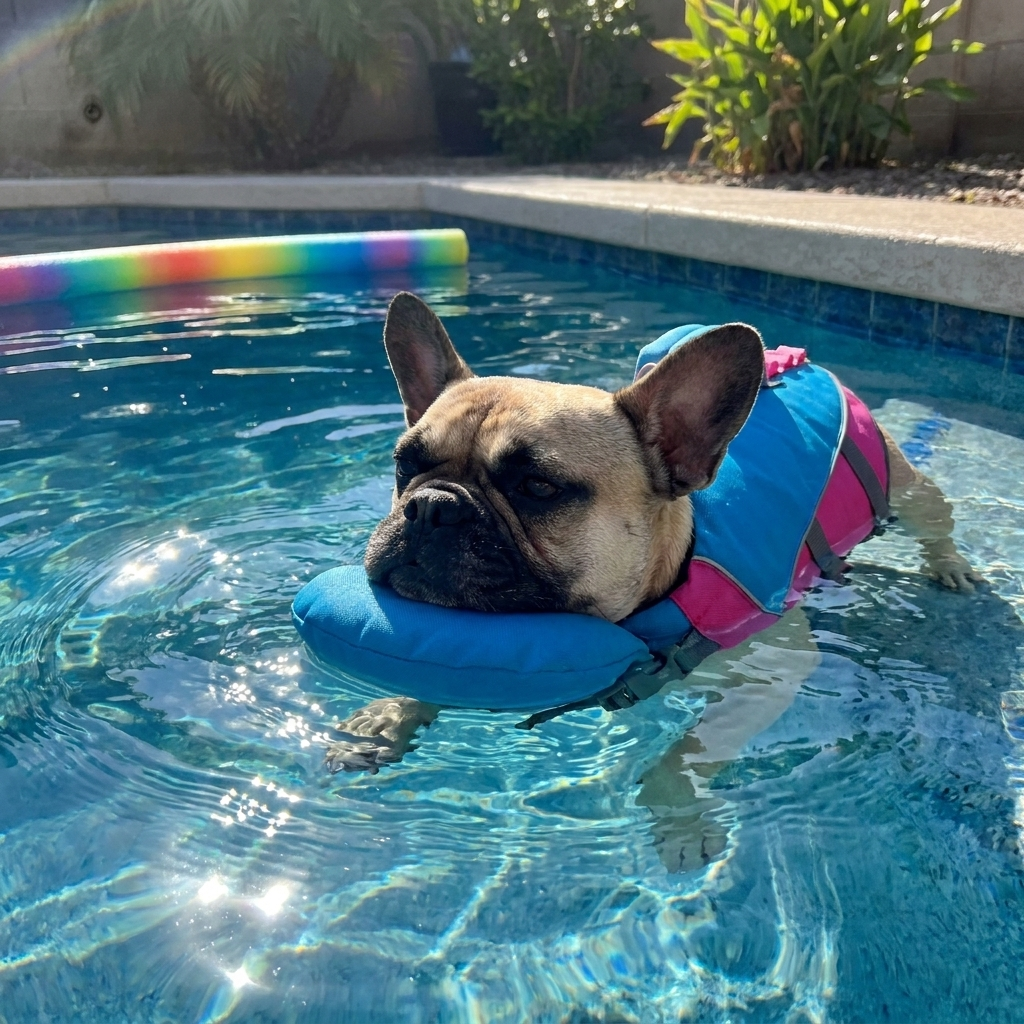 French bulldog floating with chin resting on PupFloaty ChinRest pillow