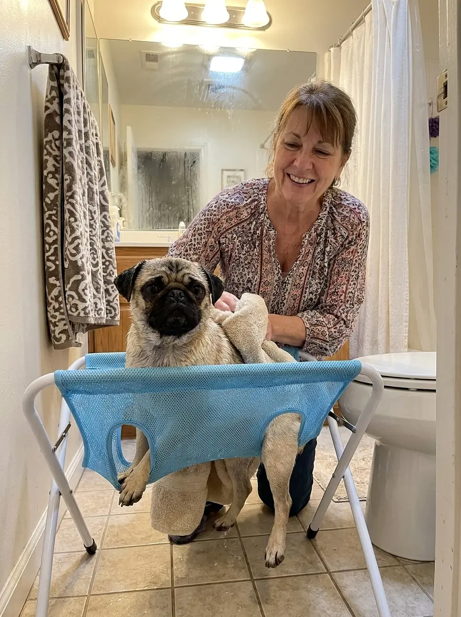 Woman towel-drying a pug resting in a blue bath hammock in a bathroom