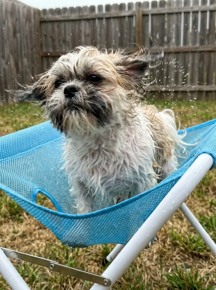 Shih tzu shaking off water while standing in a blue bath hammock outdoors